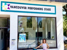 Katy Finlay outside the original Vancouver Performing Stars studio on Fraser